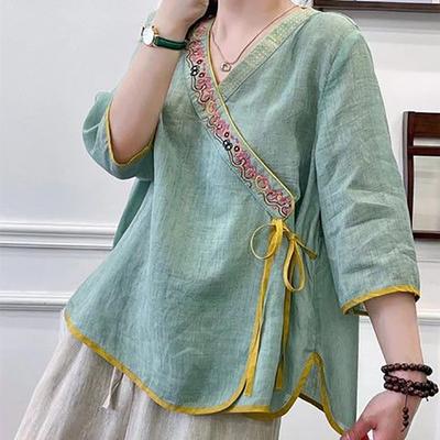 Nuova T-shirt a Maniche Corte in Cotone e Lino Ricamata Stile Cinese con Scollo a V e Colletto Obliquo Retrò per Donna in Estate con Laccetti Sciolti Top Giacca da Tè