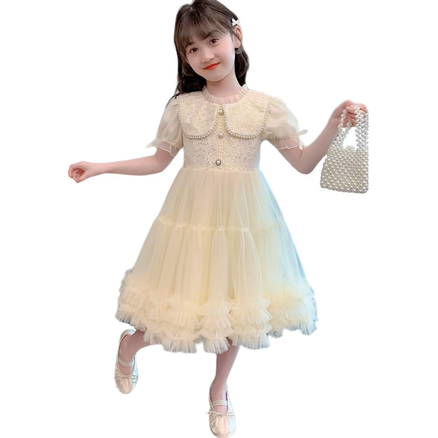 

Платье принцессы для фортепиано, жемчужное, короткое, милое, длинное, идеально для фортепиано и памятных фотографий [Jzozuxvv], Концерты для девочек, Воротник, Рукава, Официальное, Платье, бежевый