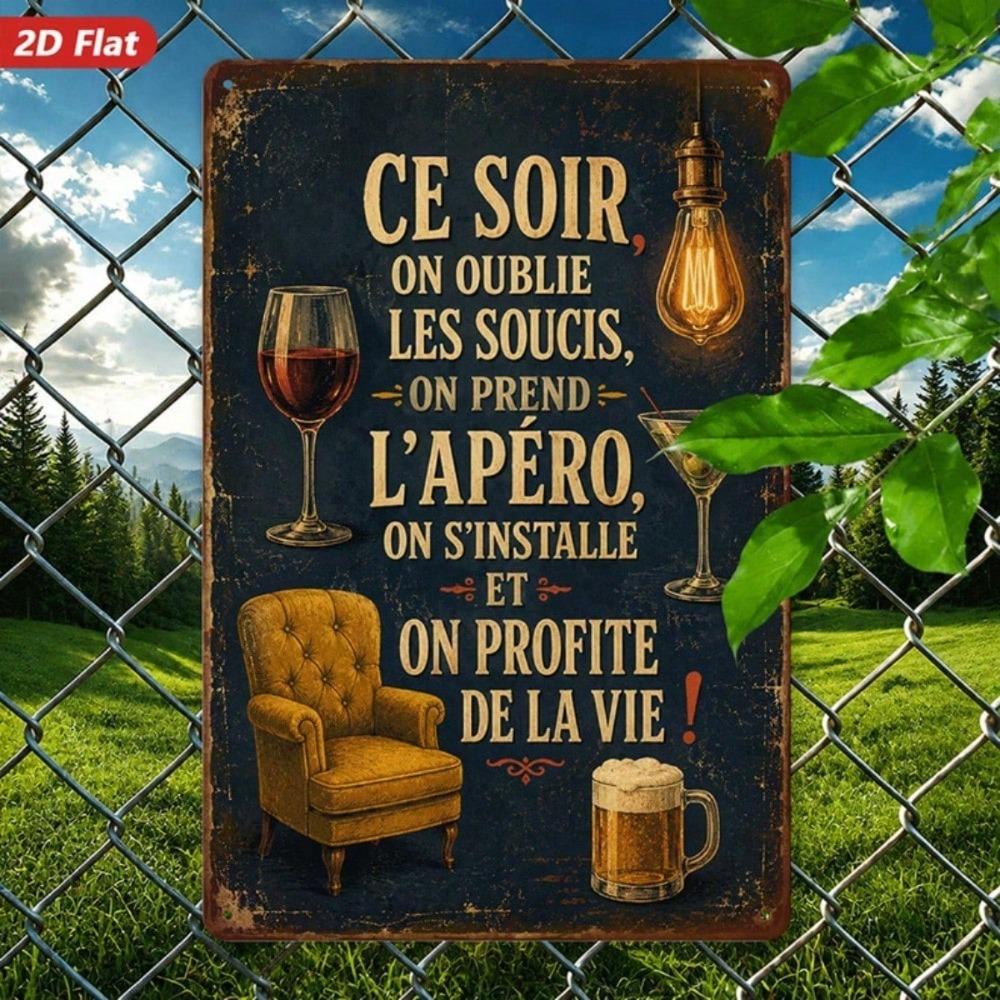 1pc French Aperitif Metal Sign, Ce Soir Aperitif Quote Wall Decor, Martini Cocktail Beer Mug Art for Home Bar Living Room