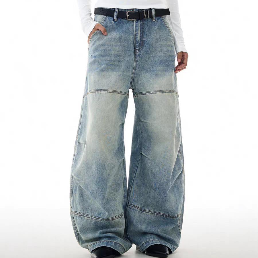 Retro straight ripped American versatile wide-leg pants long feel loose and old design jeans men's summer washing
