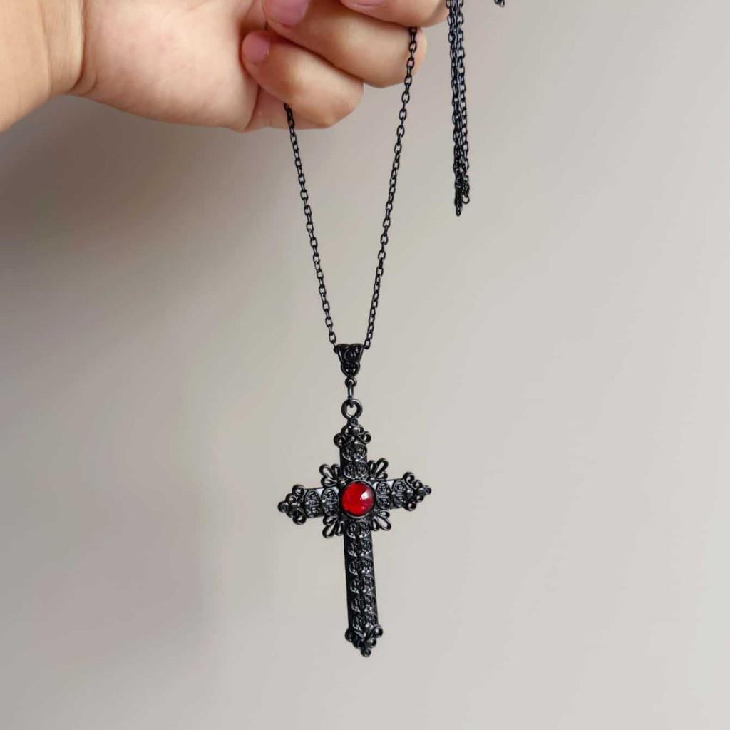 Gothic Cross Necklace With Red Crystal Pendant For Women And Men