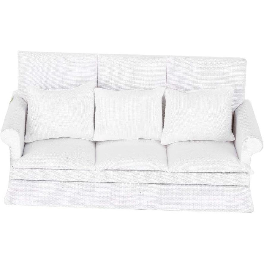 Vakitar 1:12 Doll House Mini Sofa with 3pcs Pillow Living Room Furniture Wooden Doll House for Your Mini Dollhouse Furniture(White)
