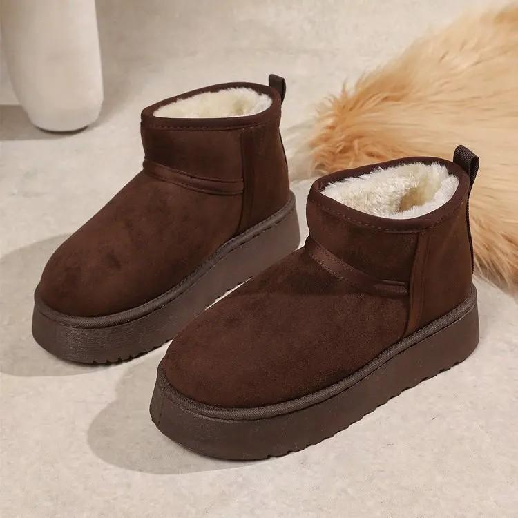 Winter Thick Bottom Fleece Lined Large Head Snow Boots Bread Cotton Shoes Over Ankle Rubber Sole Adult Pure Color Booties