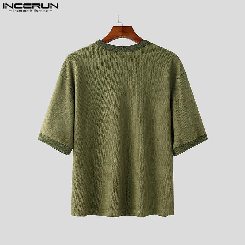INCERUN Summer Men O-Neck Short Sleeve Stitching Texture Hollow Casual Loose Tops T-shirts