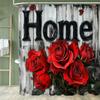 Red Rose Shower Curtain, Valentine's Day Wooden Panel Butterfly Romantic Flowers Bathroom Curtain Home Decoration Curtain