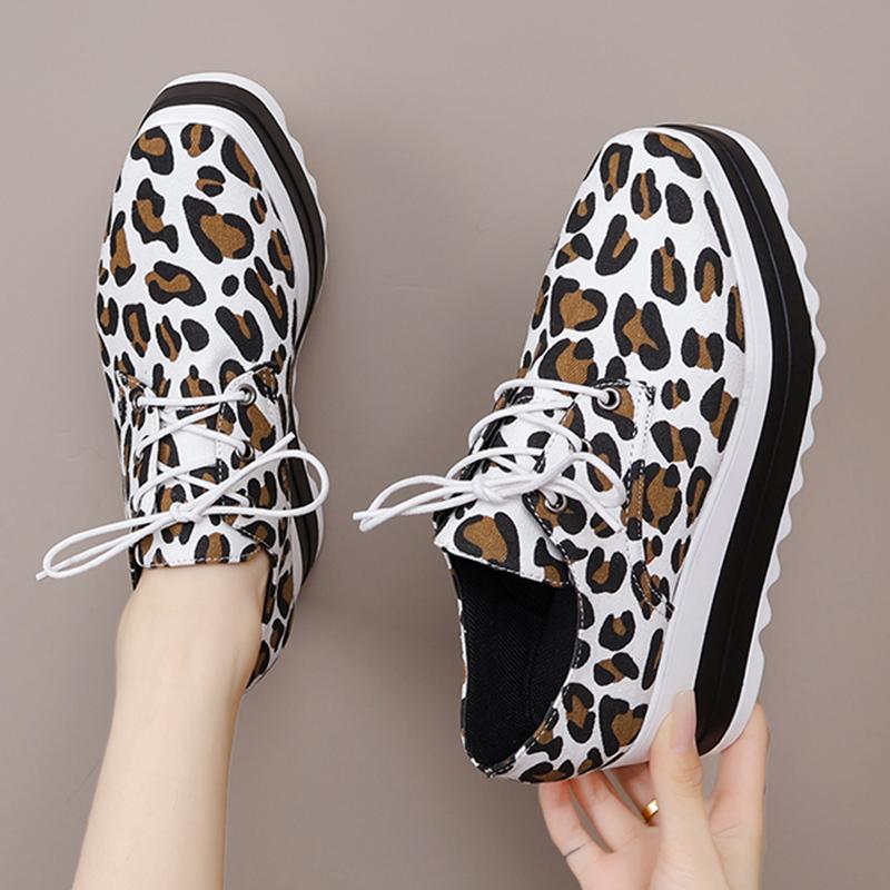 fashion Women's Round Toe Leopard Print Oxfords Lace Up Chunky Platform Casual Shoes Woman Thick Bottom Non Slip Trainers Plus Size 43