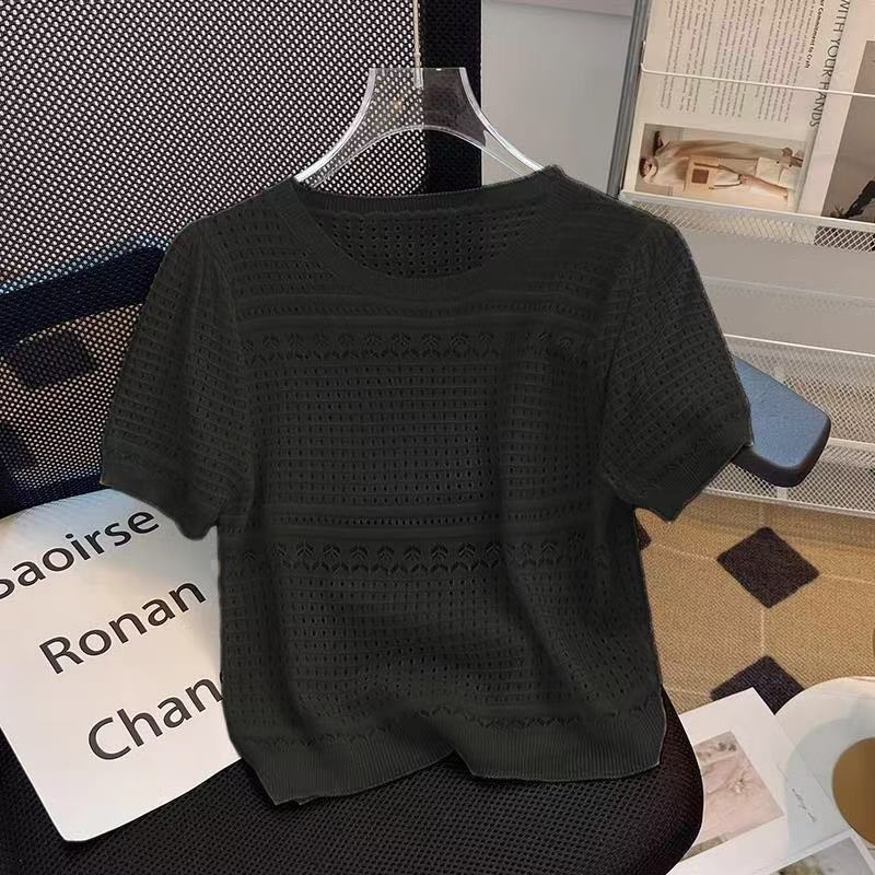 Women's Summer Ice Silk Knitted Shirt Short Sleeved Round Neck Hollow Thin Pullover Top