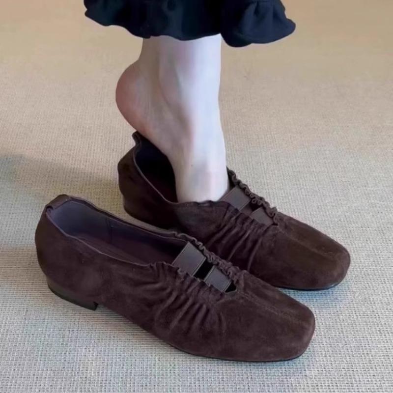 Vintage Single Shoes Autumn New Square Toe Suede Shallow Pleat Soft Sole Non-slip Low Heel Shoes