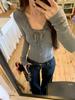 Women's Winter Chic Slim Fit V-Neck Gray Lace Tie-Up Cropped Top