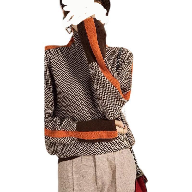 Women's Autumn/Winter High Collar Knit Sweater with Japanese-Korean Design and Contrast Sleeves