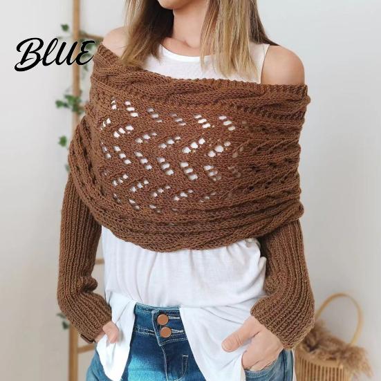 Double Sleeved Cardigan Scarf Sweater with Sleeves for Women Knitted Cable Wrap Shawl Casual Chic Oversized Shawl Shrugs Autumn Winter Retro Hollow