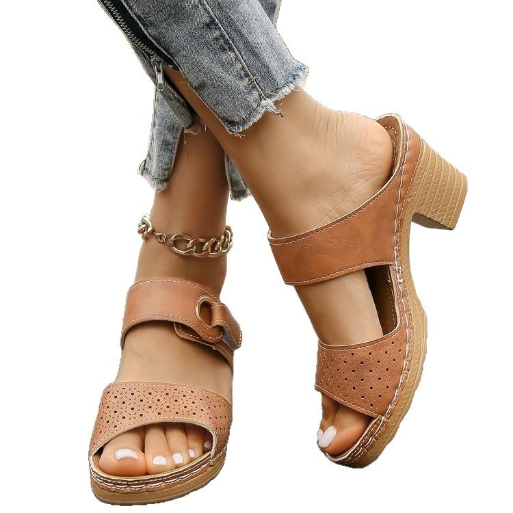 Summer New High-heeled Slippers Women's Thick-heeled Fish Mouth Word Velcro Cool Slippers