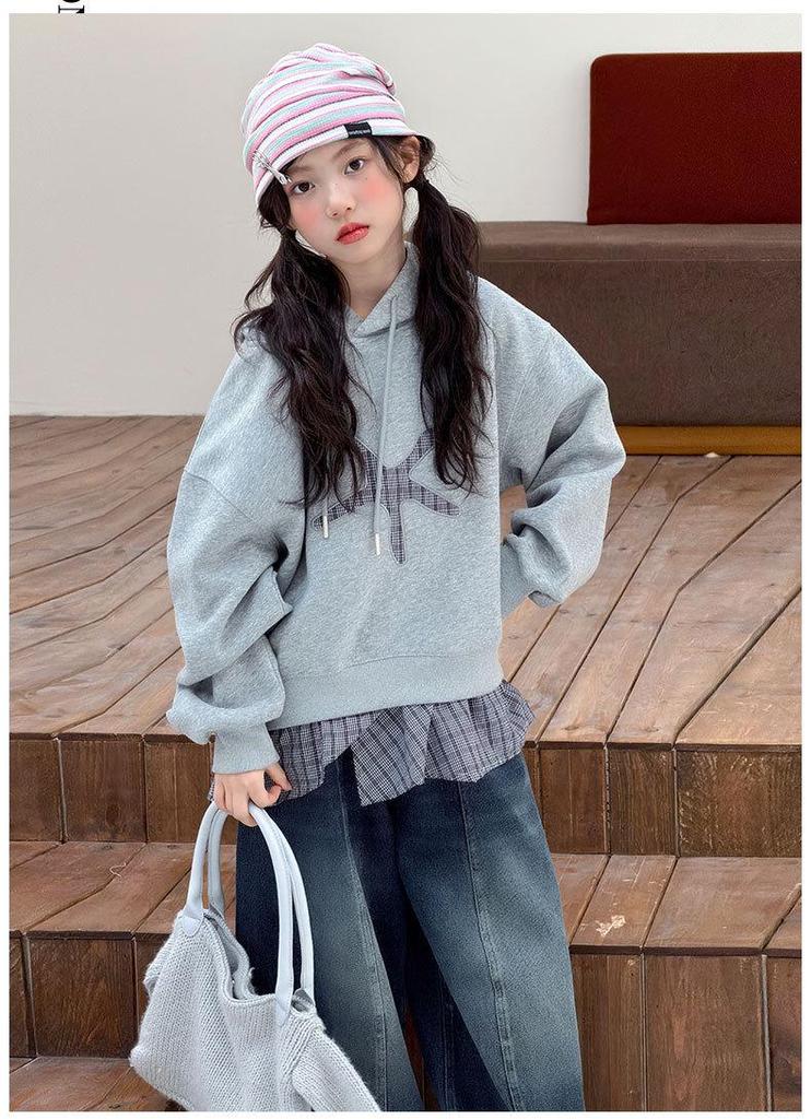 Girls' Plaid Patchwork Hooded Sweatshirt: 2026 Autumn Style for Middle and Older Children - Faux Two-Piece Long-Sleeve Top