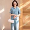 Women's Elegant Tie-Neck Short Sleeve & Wide-Leg Pants Set