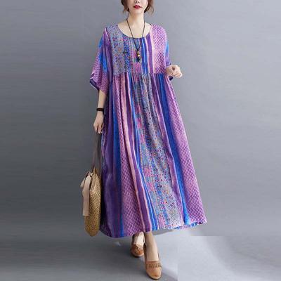 Vestidos estampados de flores vintage de algodão e linho plus size, manga curta, roupas femininas casuais, soltas, vestido longo de verão
