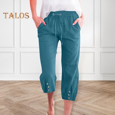 Women Cropped Pants Elastic Waist Adjustable Drawstring Casual Trousers with Pockets Sporty Loose Leg Design Mid-calf Pants