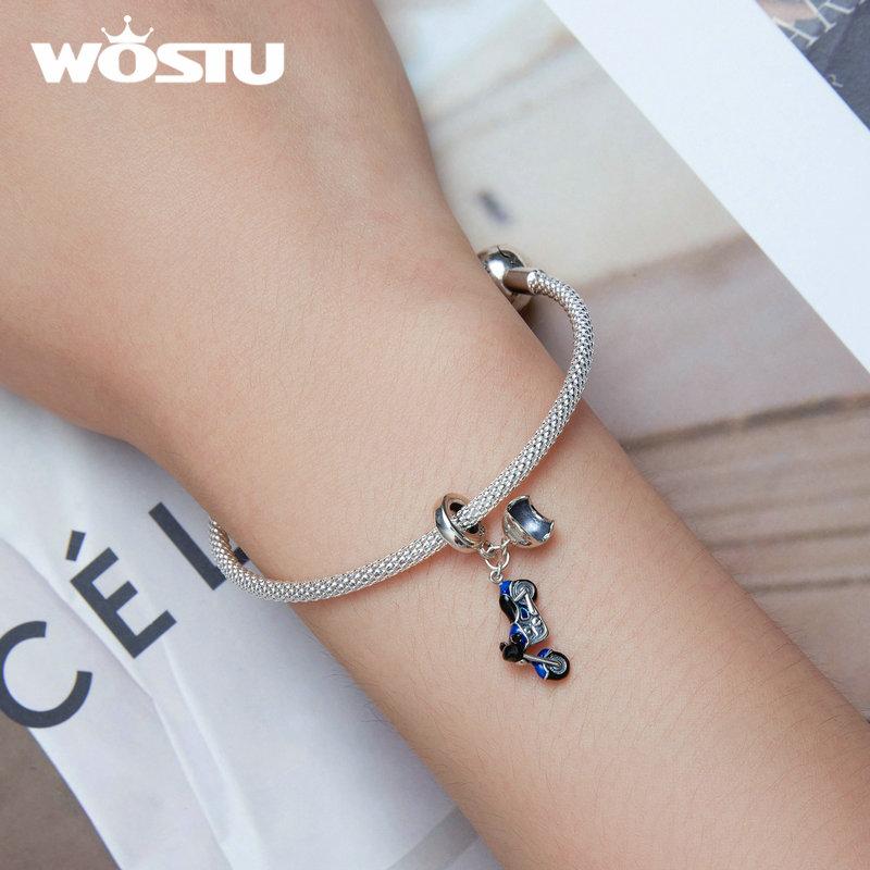 WOSTU Autentisk 925 Sterling sølv blå kald emalje motorsykkel sjarm anheng for kvinner fine smykker