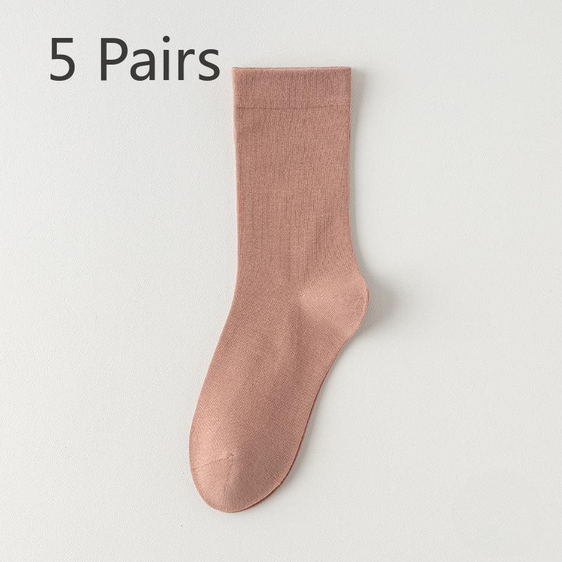 

5 пар женских бесшовных тонких хлопковых носков на весну и осень, ежемесячные носки-гольфы, летние дышащие белые носки, отводящие пот, Lefebvre Shoes, носки до середины икры 5 pairs коричневый/красный