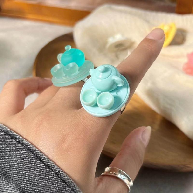 Simulation Kettle Tea Set Rings Adjustable Finger Rings New Chinese Style Adorment Stackable Rings Accessory for Women