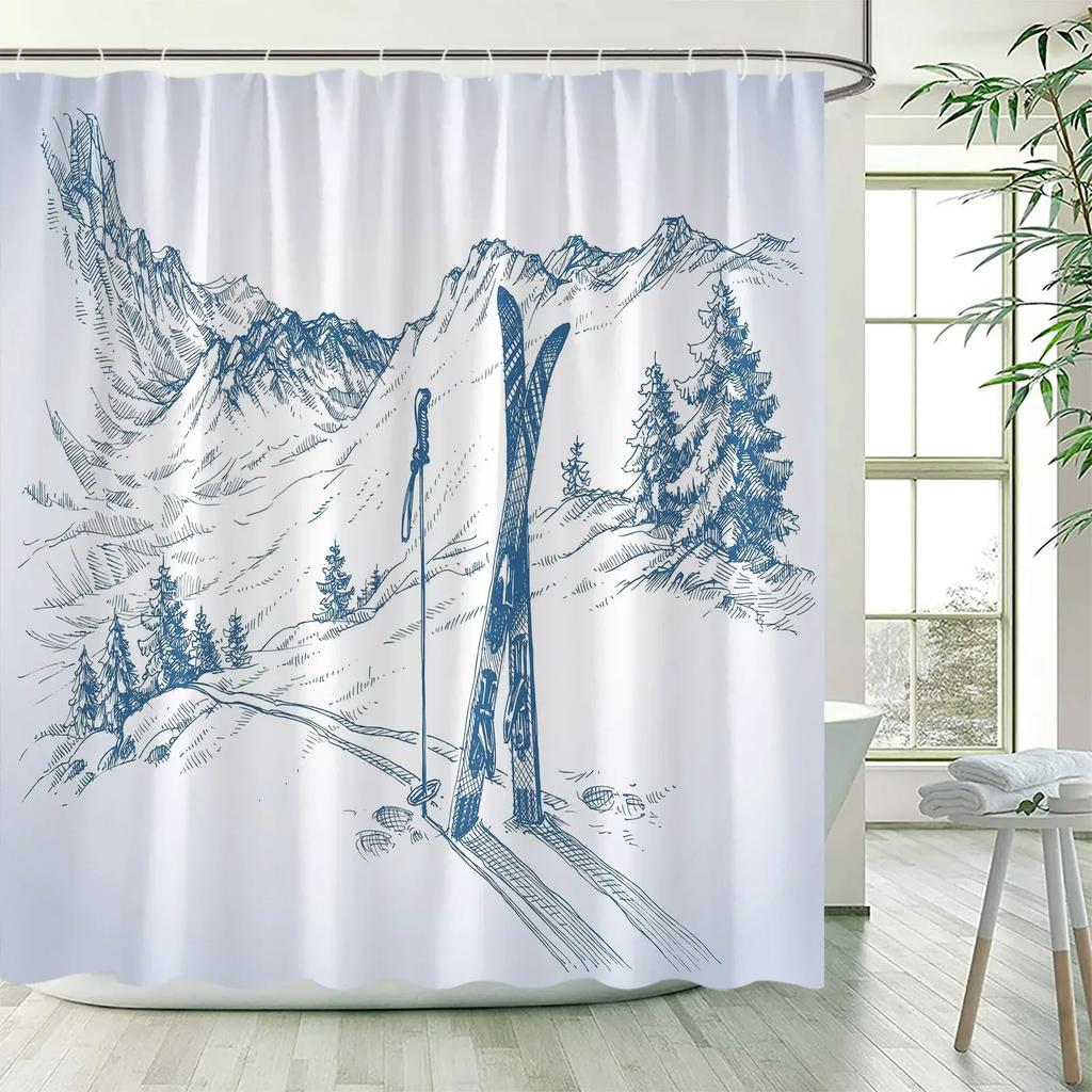 Set Cortină de Duș Schi de Iarnă, Cortine de Baie Moderne cu Stațiune de Schi, Munte Înzăpezit, Pădure de Pini, Albastru Decorațiuni de Crăciun pentru Baie