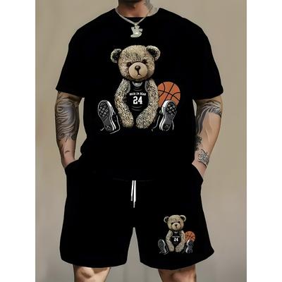 T-shirt Grafica Orsetto Marrone Taglie Europee – Elegante Maglietta Nera con Stampa Jersey da Basket, Abbigliamento Casual Unico per Uomo