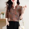 Women's Retro Print Summer Blouse - Loose Fit, Seven-Sleeve, Stylish and Flattering for Middle-Aged Mothers