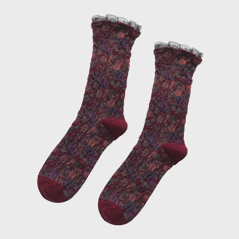 Damskie japońskie koronkowe skarpetki do połowy łydki w kwiaty - styl retro leśny z etniczną osobowością