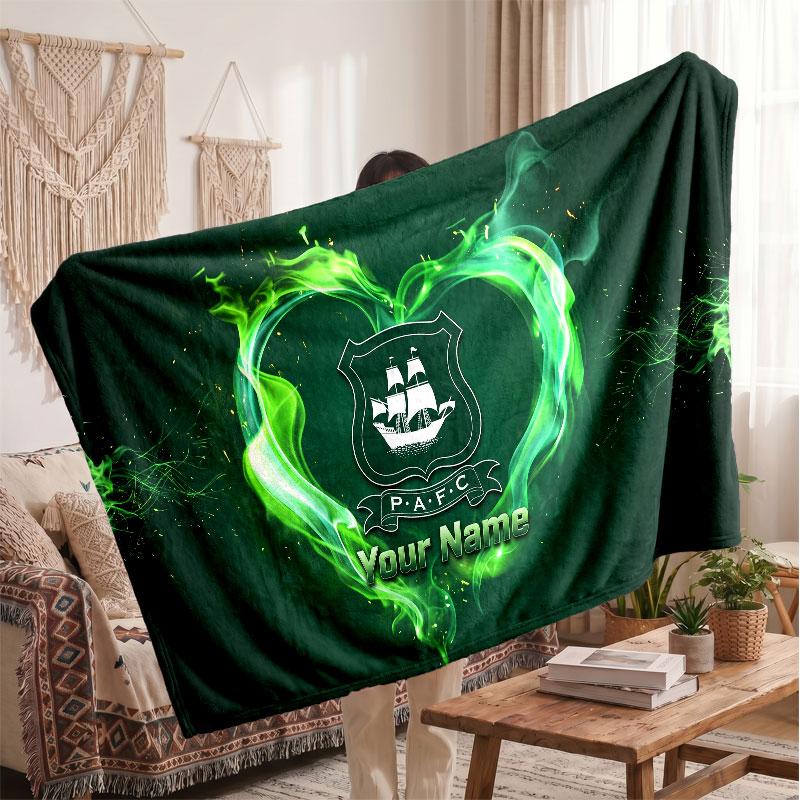 Plymouth Argyle FC Personalized Fleece Blanket With Football Logo, Custom Name Text Soft Warm Home Throw Blanket