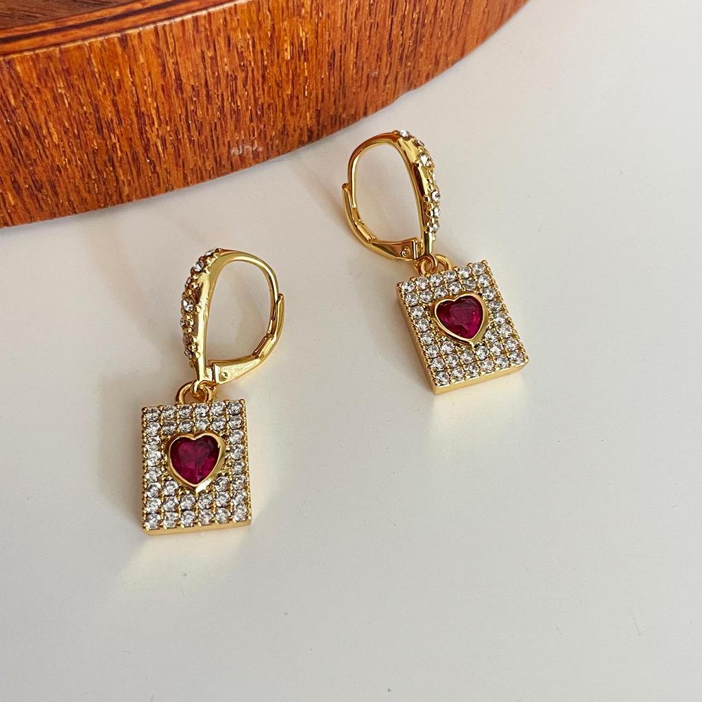 Luxury Dark Red Zircon Heart-Shaped Earrings: Brass Gold Plated, Diamond Inlaid, High-End Design for Women