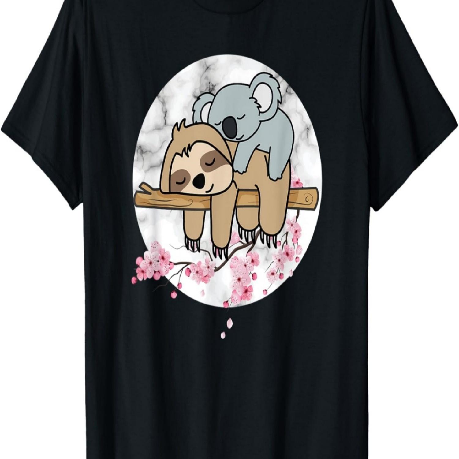 

CUTE CUDDLY SLOTH & KOALA NAPPING IN SAKURA CHERRY BLOSSOM T-Shirt S чёрный