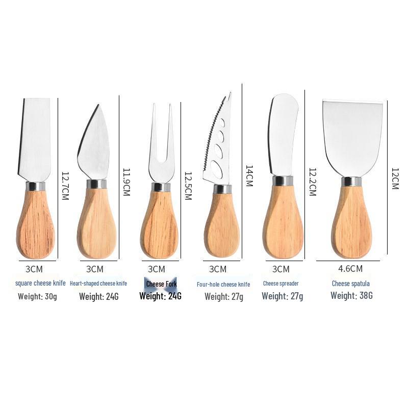 Stainless Steel Cheese Knife & Cutter Set (6 pcs) with Wooden Handles - Includes Butter & Pizza Cutters, Baking Tools