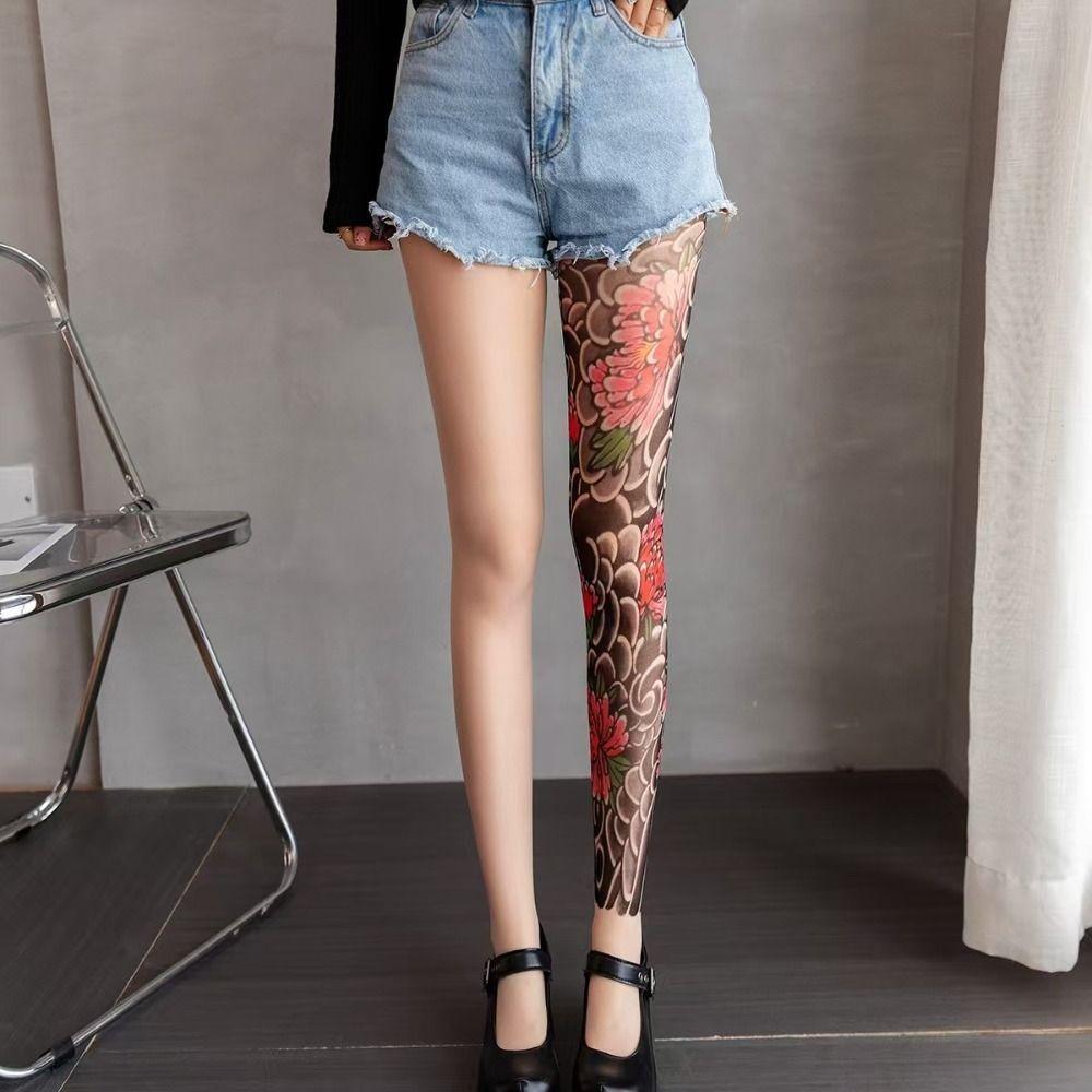 Mesh Women's Sexy Printed Tights Fake Tattoo High Pantyhose New Peony Pantyhose  Summer