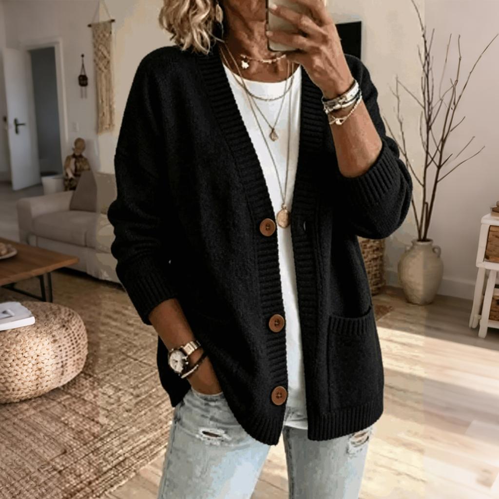 Cardigan in Maglia da Donna con Scollo a V Manica Lunga Vestibilità Larga Cappotto Maglione con Grandi Tasche