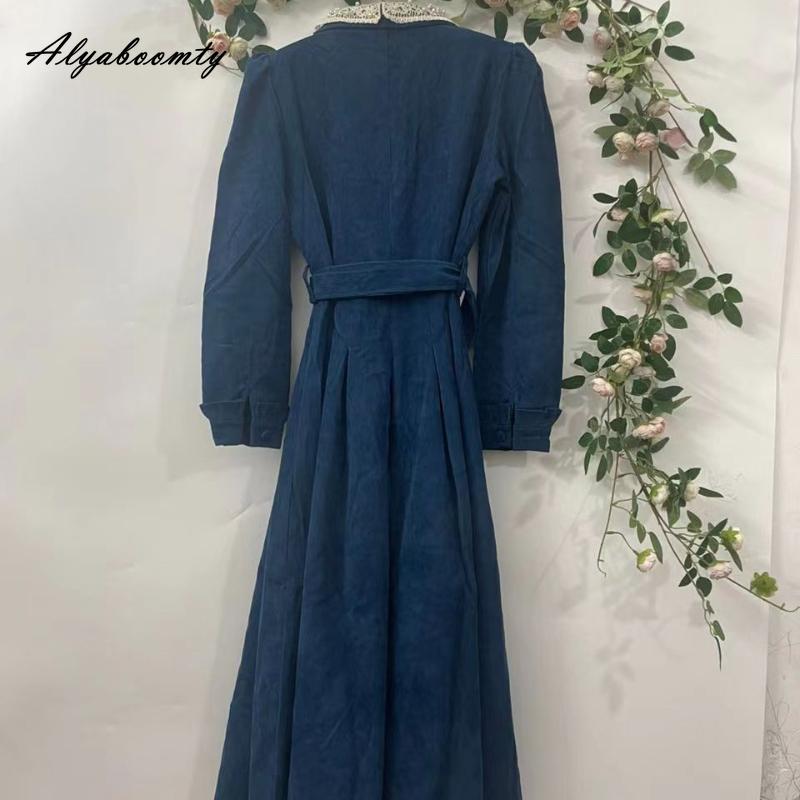 Mori Girl Autumn Winter Women Long Shirt Dress Blue Beading Vintage Buttons Dress Corduroy Elegant Feminine Dress With Belt