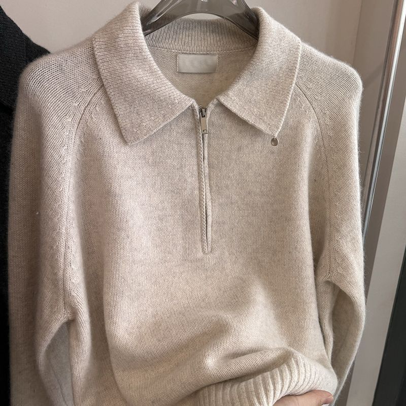 Fall Winter Pullover Women Button Turn Down Collar Long Sleeve Half Zip Knit Sweater