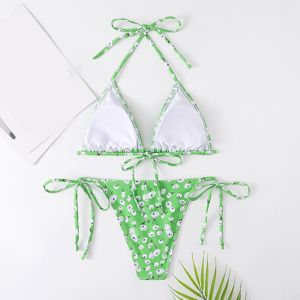 Women's Floral Print Two Piece Swimsuit Casual Halter Neck Bikini Set Adjustable Tie Sides Beachwear Swimwear
