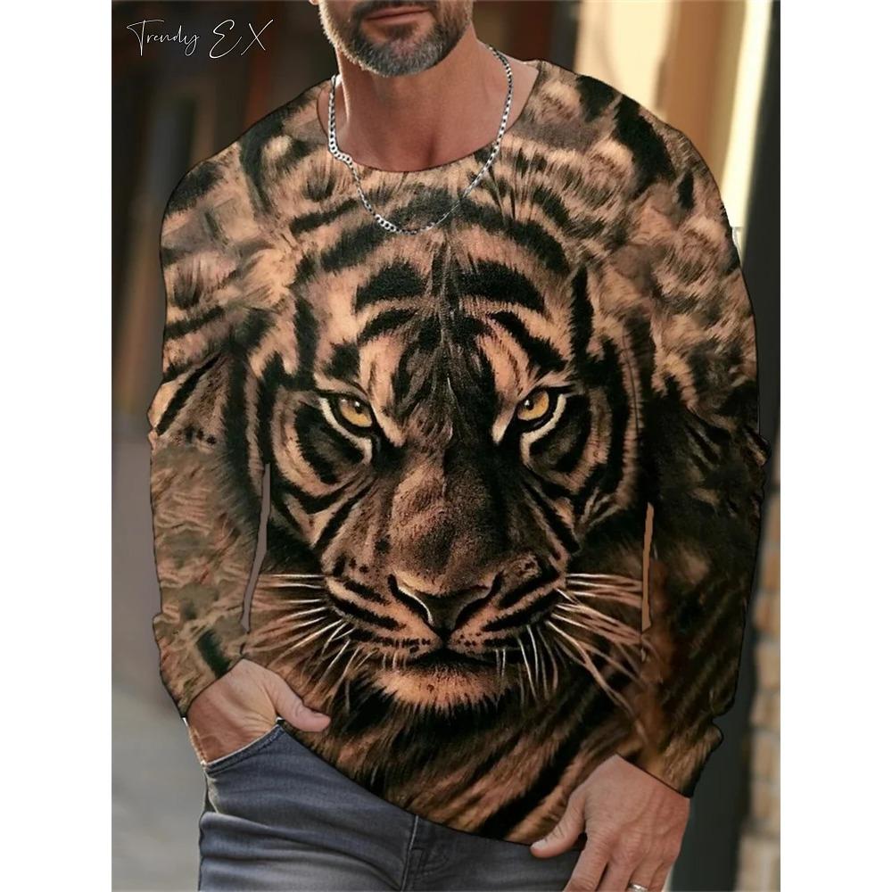 Hot selling 3D tiger print men's street trendy round neck long sleeved T-shirt