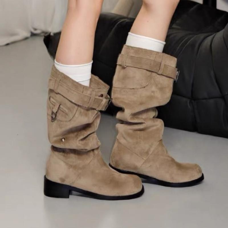 

Fashion Women Boots Designer 2025 New Winter Shoes Mid Calf Boots Pleated Elegant Fashion Party Brand Woman Chelsea Goth Botas Mujer 40 хаки