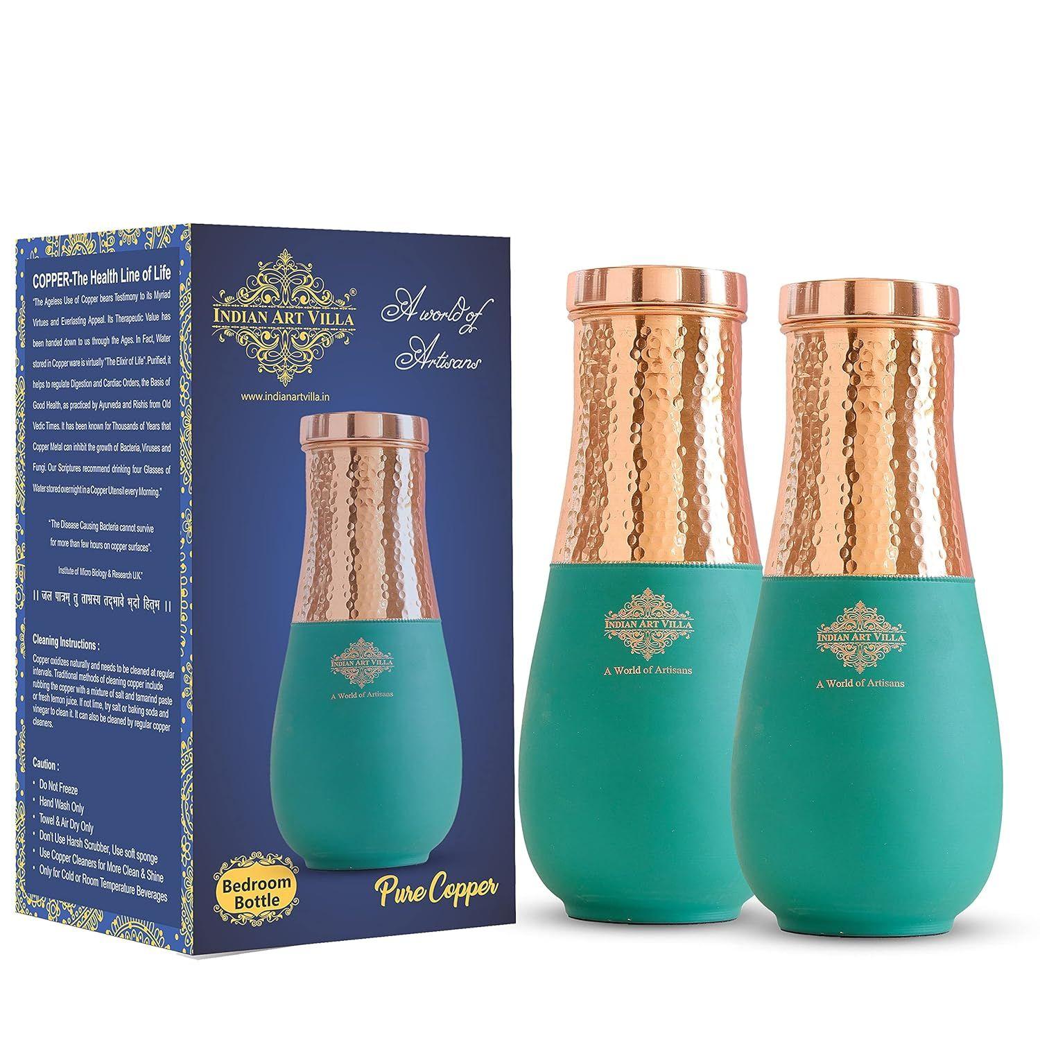 

Pure Copper Bedroom Bottle, Vase Design Half Green Silk Half Hammered Finish, Drinkware & Storage Purpose - Volume 1.42 Litre (Pack of 2)
