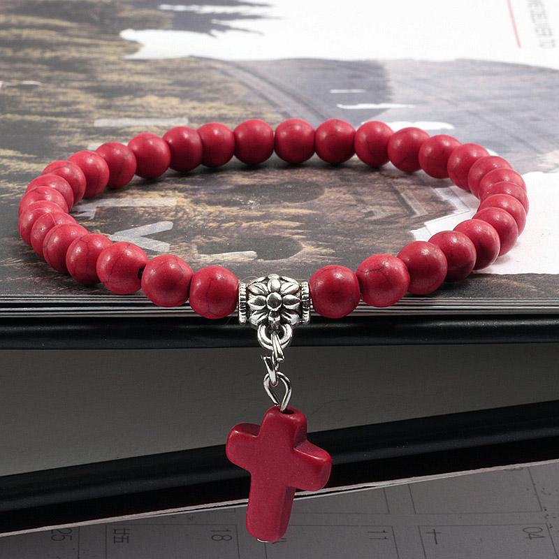 

Vintage Cross Natural Stone 6mm Beads Bracelet Charm Men Blue Bead Pendant Strand Bracelets Bangles Women Fashion Jewelry Gifts 17cm красный