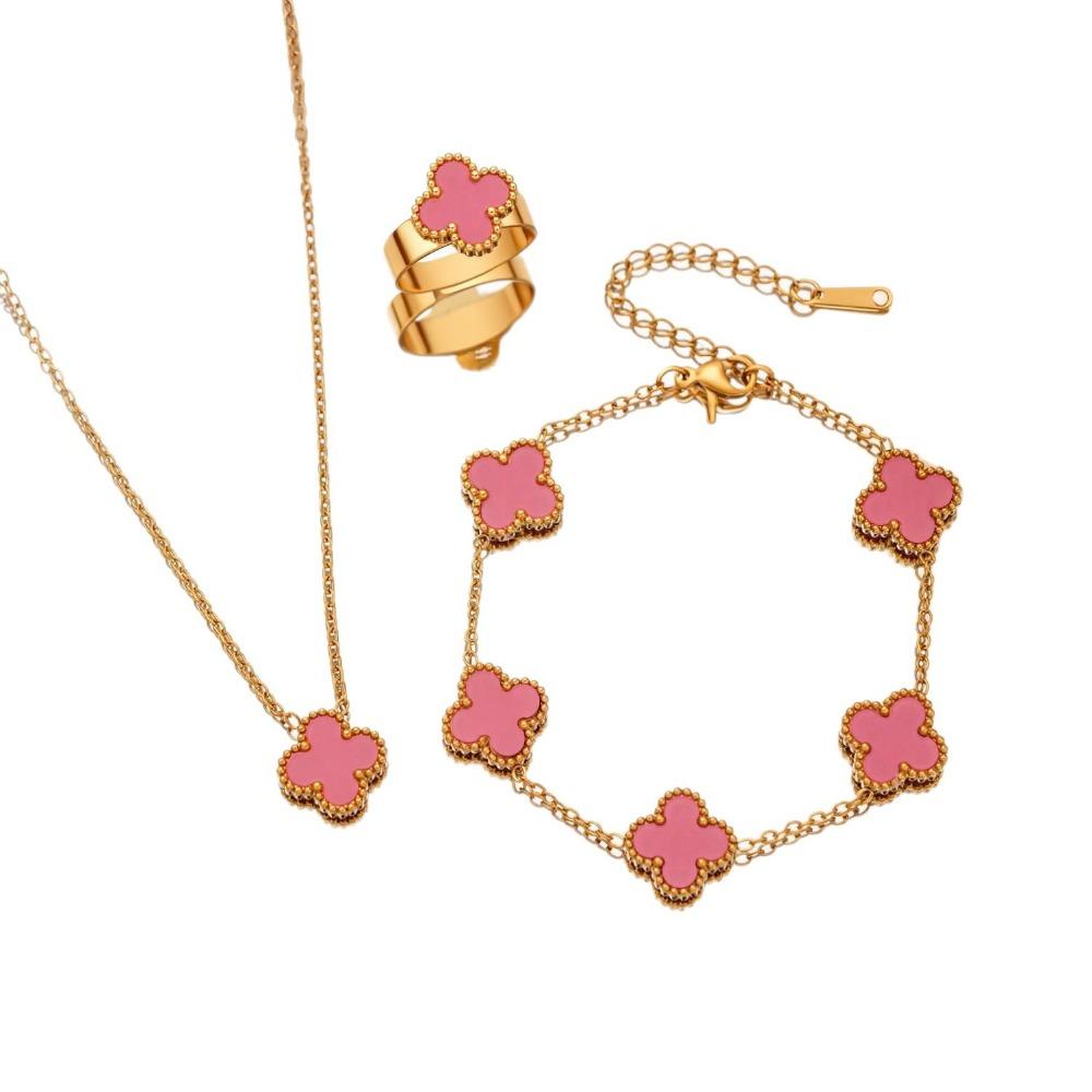 Titanium Steel Colorfast Necklace Set for Women Fashionable Four-leaf Clover Bracelet Necklace Earrings and Rings