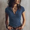 Women Slim Fit Half Zip Short Sleeve Top Casual Solid Color Tee