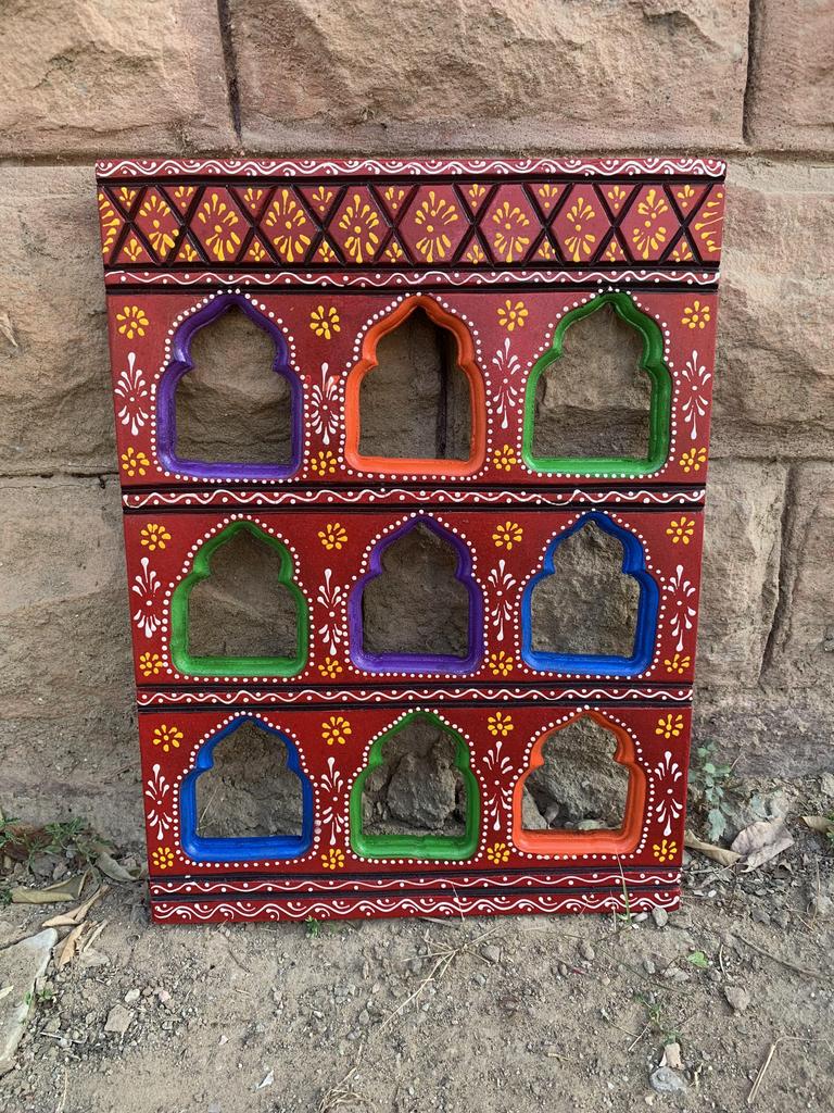 Colorful Hand Painted Wooden Wall Hanging | Indian Jharokha Style Folk Art | Boho Ethnic Home Decor