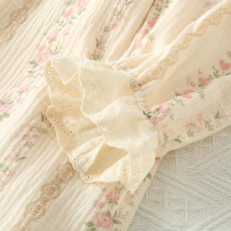 GMXIA Gentle Women's Floral Pure Cotton Yarn Loose Double-layer Gauze Home Wear Pajama Set for Autumn Long-sleeved Outdoor Wear Pajama Sets