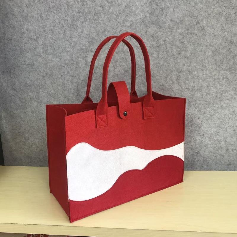 Reusable Felt Tote Bag Wavy Color Block Design Snap Closure Large Capacity for Picnic Shopping Office Commute