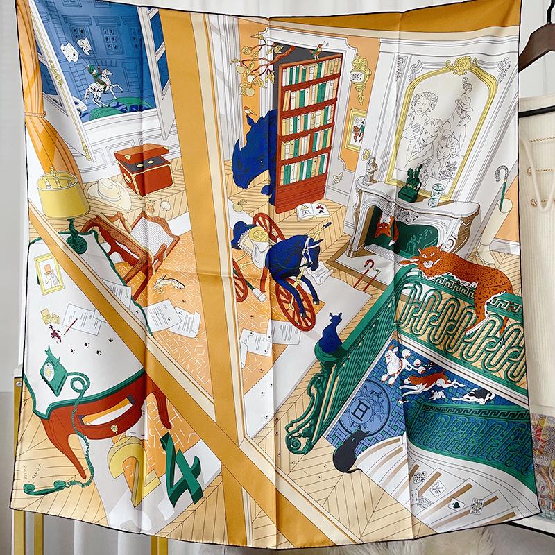 Retro Silk 90cm Square Scarf - Handmade, Luxurious, Light, and Sunscreen Gift for Women