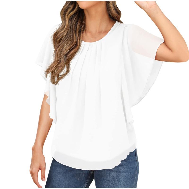 Summer Loose Short Sleeve Casual Chiffon Blouse Women Fashion Tops Solid Color Pleated Simple Elegant Office O Neck Shirts Ladies Clothes