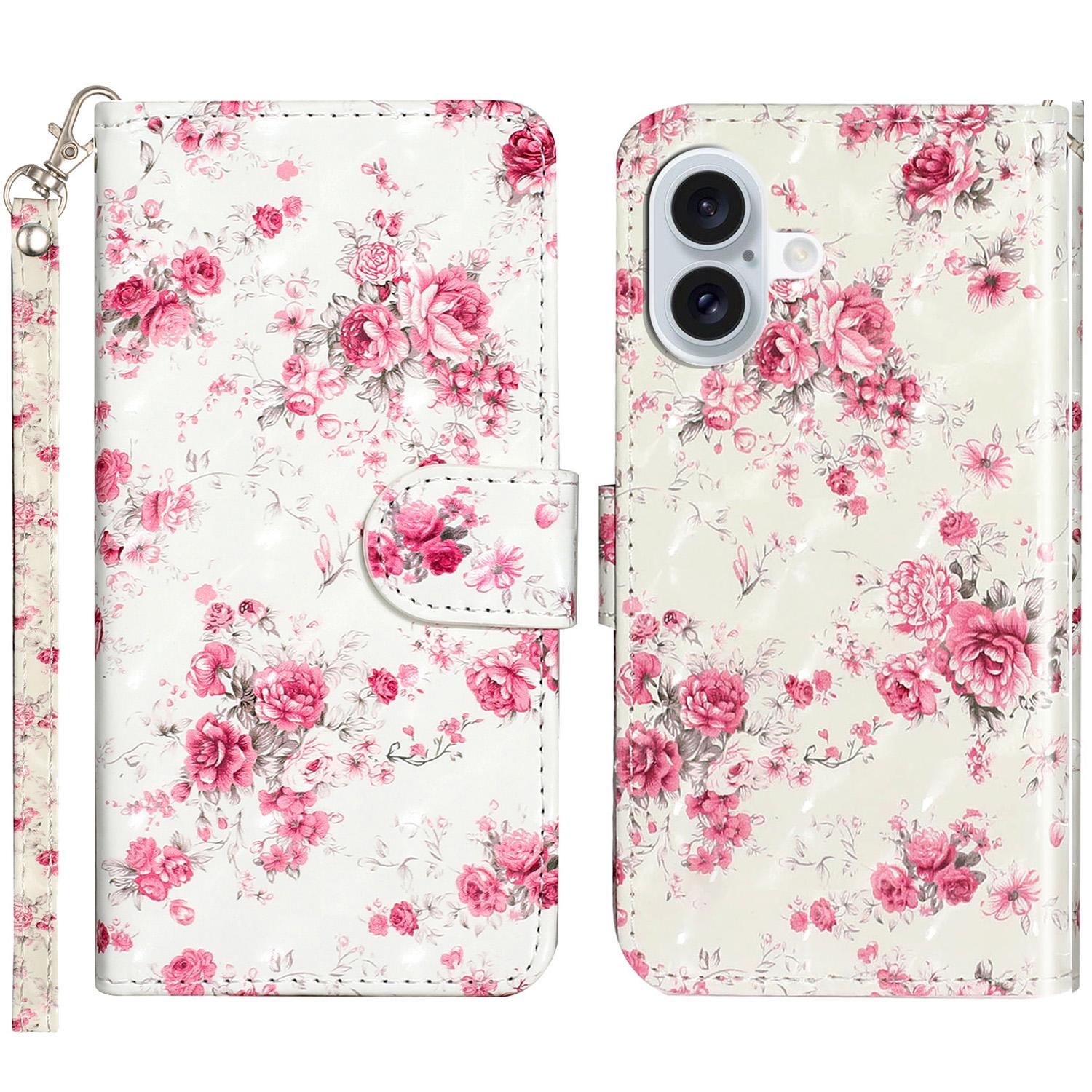 

For iPhone 16 Leather Case Flip Wallet Phone Cover Magnetic Clasp 3D Pattern Printed Roses