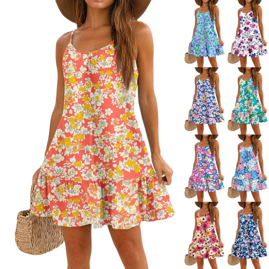 Women's Fashion Casual Sleeveless Round Neck Loose Floral Print Beach Dress