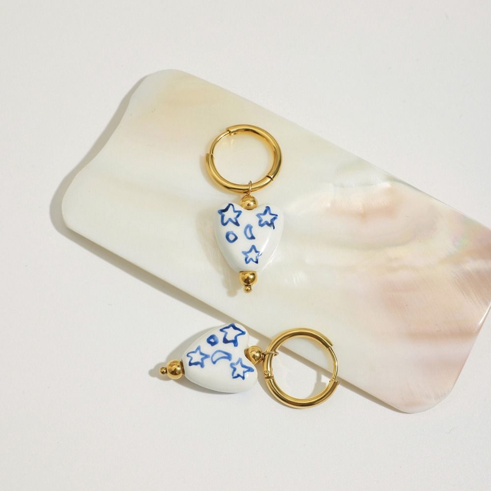 Stainless Steel Blue and White Porcelain Earrings Chinese Style Gold Hoop Earrings  Lady